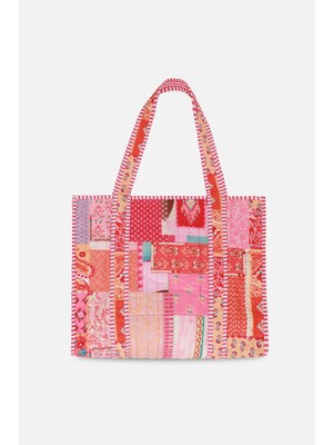 İcone Bag Patch Yama Desen Baskılı Kapitoneli Plaj Çantası, Içi Çizgili Baskılı Shopper Çanta, Pembe Plaj Çantası