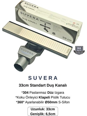 Suvera 33 cm Paslanmaz Izgaralı Koku Önleyici Klapeli Duş Kanalı Takımı – Ø50 mm S-Sifon