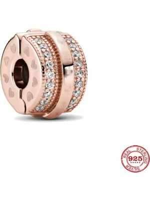 Love Charm Rose Renk Sparkling Pave Lines Logo Minik Kalp Detaylı Gümüş Klips Charm