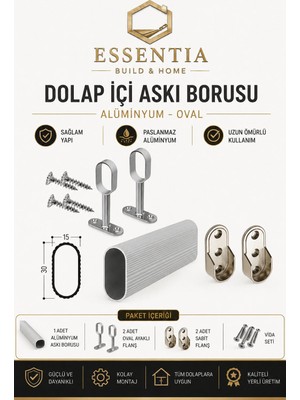 ESBH Dolap Içi Askı Borusu 115 cm Alüminyum Oval + 2 Adet Ayaklı Flanş + 2 Adet Sabit Flanş Set