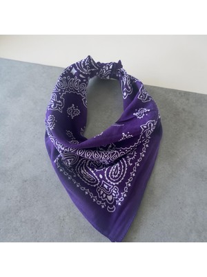 Als Tasarım Dünyası Mor  Renk Içi Beyaz Etnik Desenli %100 Koton Bandana