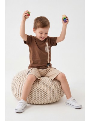 Joy Kids Erkek Çocuk %100 Pamuk Sırt Baskılı Rahat Takım (3-6yaş) (Kahve-Krem)