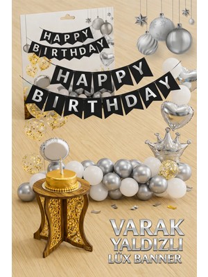 Party Express Gümüş Varak Yaldızlı Lüks Happy Birthday Banner - Siyah