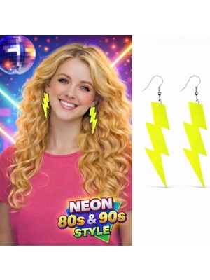 Calperia 80’ler 90'lar Retro Neon Sarı Şimşek Küpe 10 cm