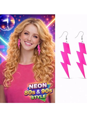 Calperia 80’ler 90'lar Retro Neon Pembe Şimşek Küpe 10 cm