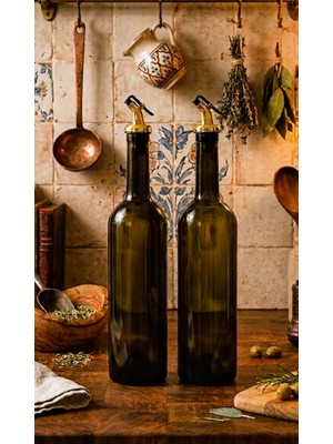 JUNIBELIW 2li Set Cam Sofra Üzeri Yağdanlık 750ML Ayçiçek Yağı Zeytin Yağı 2X750ML Yeşil Yağdanlık