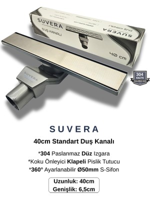 Suvera 40CM Paslanmaz Izgaralı Koku Önleyici Klapeli Duş Kanalı Takımı – Ø50 mm S-Sifon