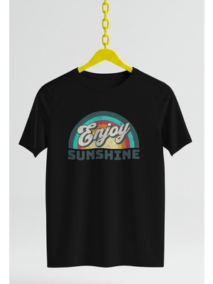 Ontunew Enjoy Sunshine Baskılı Retro Vintage Standart Kalıp Bisiklet Yaka Pamuklu Kadın ve Erkek Tshırt
