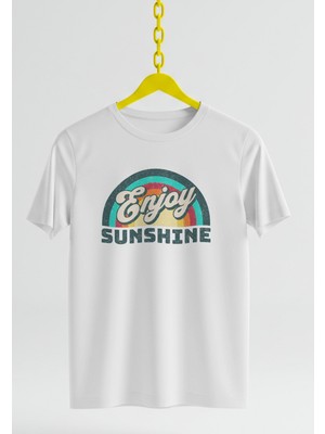 Ontunew Enjoy Sunshine Baskılı Retro Vintage Standart Kalıp Bisiklet Yaka Pamuklu Kadın ve Erkek Tshırt