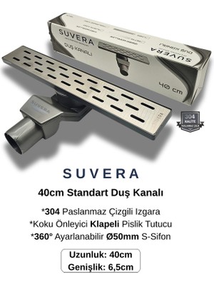 Suvera 40CM Paslanmaz Izgaralı Koku Önleyici Klapeli Duş Kanalı Takımı – Ø50 mm S-Sifon