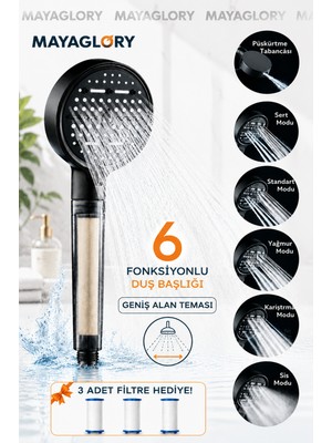 MAYAGLORY Multi 6 Fonksiyonlu Filtreli Duş Başlığı Yüksek Basınçlı Su Tasarruflu ve Kireç Önleyici Siyah El Duşu