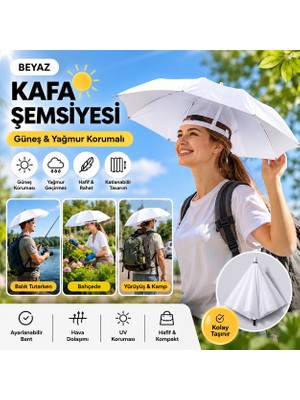 Eşya Dünyası Beyaz Kafa Şemsiyesi Güneş ve Yağmur Korumalı Katlanabilir Şapka Şemsiye