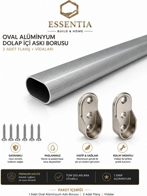 ESBH Oval Alüminyum Dolap Içi Askı Borusu 44 cm + 2 Adet Flanş + Vidaları
