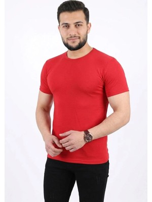 Tarz Yeri Erkek Basic Tişört Bisiklet Yaka Kısa Kol Günlük Yazlık Slim Fit T-Shirt - Kırmızı