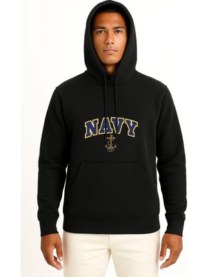 Bahriyeli Collection Kapüşonlu Blue Navy Anchor Göğüs ve Sırt Baskılı Unisex Sweatshirt