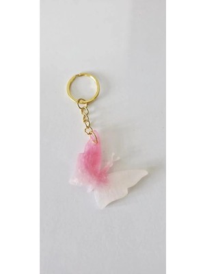 PINAXAR Kelebek Anahtarlık - Altın Renk Metal Halka Pembe Beyaz Epoksi 5 cm