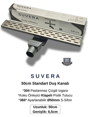 Suvera 50CM Paslanmaz Izgaralı Koku Önleyici Klapeli Duş Kanalı Takımı – Ø50 mm S-Sifon