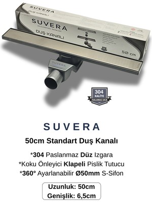 Suvera 50CM Paslanmaz Izgaralı Koku Önleyici Klapeli Duş Kanalı Takımı – Ø50 mm S-Sifon