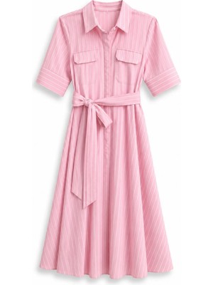 5in1Canpolat Pembe Kuşaklı Çizgili Gömlek Elbise