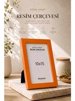 Doğal Ahşap Modern Ayaklı Tekli Fotoğraf Çerçevesi - Turuncu Renkli Masaüstü Çerçeve- Boş Resimsiz