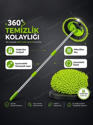 MAYAGLORY Araç Yıkama Fırçası Mikrofiber Bezli Oto Yıkama Fırça Uzayabilen Saplı Çok Fonksiyonlu Oto Detay Fırça Mop Yedek Bezli