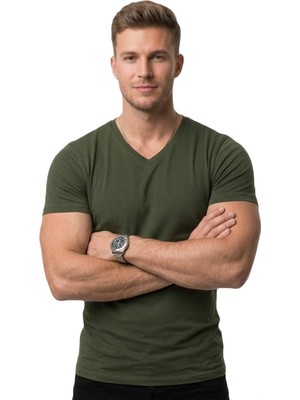 DeepSEA Erkek Haki Slim Fit %90 Pamuk V Yaka Likralı Yumuşak Dokulu Basic Tişört 1801165