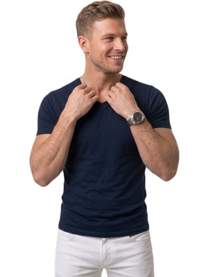 DeepSEA Erkek Lacivert Slim Fit %90 Pamuk V Yaka Likralı Yumuşak Dokulu Basic Tişört 1801165