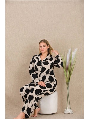 Liyuza Büyük Beden Siyah Beyaz Kalp Desenli Düğmeli Uzun Kol Viskon Pijama Takımı