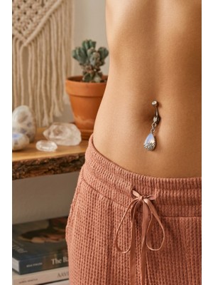 Zurafa Shop Gümüş Renk Taş Detaylı Delik Gerektirmeyen Cerrahi Çelik Göbek Piercing