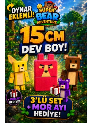 Voltrex Design Super Bear Adventure Oyuncak 3’lü Set + Mor Ayı Hediye |oynar Eklemli Figür |15 cm Koleksiyon Oyuncak