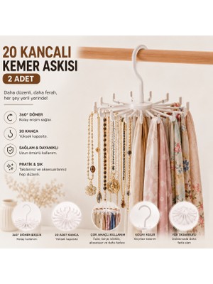 Eşya Dünyası 2 Adet 360 Derece Döner Başlıklı 20 Kancalı Kemer Askısı Fular Takı ve Kravat Düzenleyici Askı