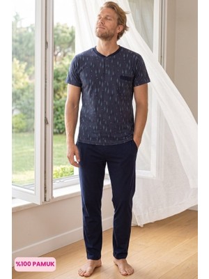 Seamlife Homewear Erkek Desenli 3 Düğmeli Bisiklet Yaka %100 Pamuk Penye Kısa Kollu Cepli Pijama Takımı