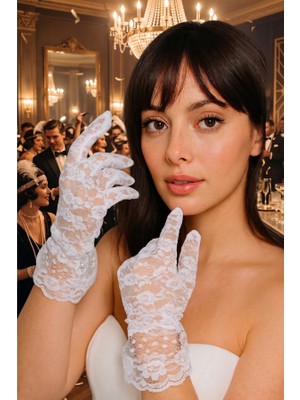 Zurafa Shop Beyaz Renk Tül Detaylı Şık Gelin Eldiveni Nikah/Düğün/Parti/Kostüm Eldiveni