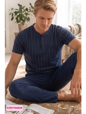 Seamlife Homewear Erkek İndigo Desenli 3 Düğmeli Bisiklet Yaka %100 Pamuk Penye Kısa Kol Cepli Pijama Takımı