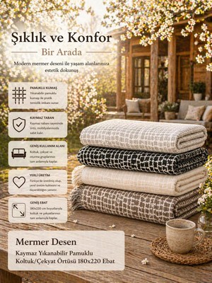 Mermer Desen Kaymaz Yıkanabilir Pamuklu Koltuk Örtüsü 180X220 cm Oturma ve Sırt