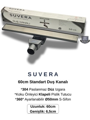 Suvera 60CM Paslanmaz Izgaralı Koku Önleyici Klapeli Duş Kanalı Takımı – Ø50 mm S-Sifon