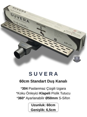 Suvera 60CM Paslanmaz Izgaralı Koku Önleyici Klapeli Duş Kanalı Takımı – Ø50 mm S-Sifon