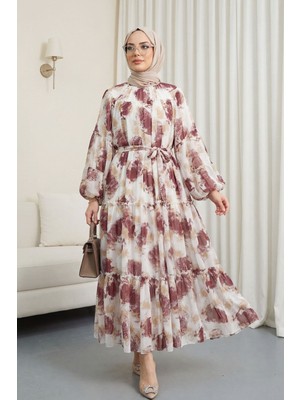 Moda Morfo Desenli Bağcıklı Astarlı Parçalı Şifon Elbise -Mürdüm