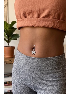 Zurafa Shop Gümüş Renk Kelebek Figürlü Taş Detaylı Cerrahi Çelik Göbek Piercing