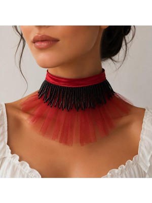 BijuStore Kırmızı Organze Tül - Sateb - Siyah El Işi Boncuk Kadın Choker