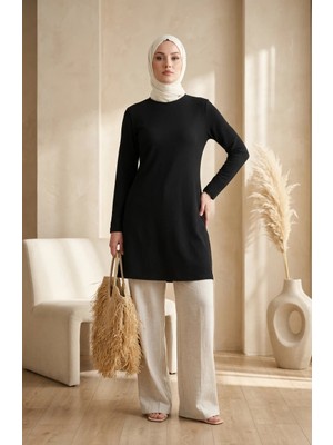 Sefa Merve Bürümcük Kumaş Uzun Tunik 0508-01 Siyah
