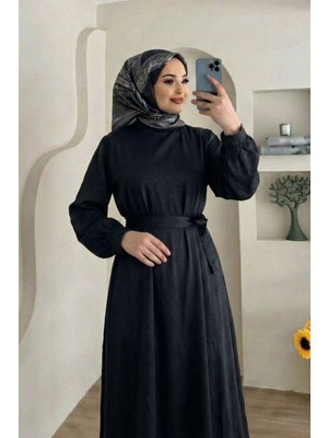 Modestim Kadın Siyah Saten Tesettür Abiye Elbise Uzun Kollu Kuşaklı Düğün Nişan Özel Gün Tesettür Elbise