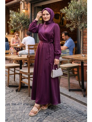 Modestim Kadın Mürdüm Saten Tesettür Abiye Elbise Uzun Kollu Kuşaklı Düğün Nişan Özel Gün Tesettür Elbise