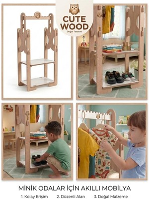 Cute Wood Montessori Çocuk Askılığı, Ayakkabılık ve Raf Düzenleyeci-  Açık Gardırop