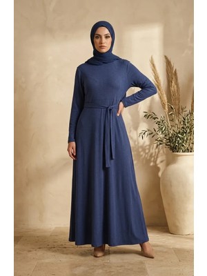 Sefa Merve Bürümcük Kumaş Kuşaklı Elbise 0509-05 Indigo