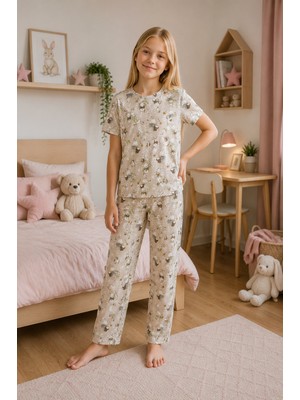 Enie Kız Çocuk Tavşan Desenli Kısa Kollu Pijama Takımı
