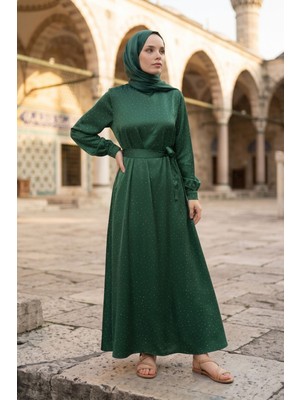 Modestim Kadın Saten Taş Işlemeli Kuşaklı Tesettür Düğün Nişan Özel Gün Abiye Elbise Haki Zümrüt Yeşili