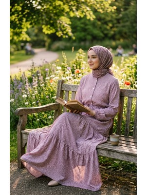 Sefa Merve Hakim Yaka Puantiyeli Tesettür Elbise 0288-04 Gül Kurusu