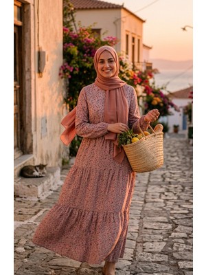 Sefa Merve Çiçek Desenli Belden Bağlamalı Tesettür Elbise 0295-01 Gül Kurusu
