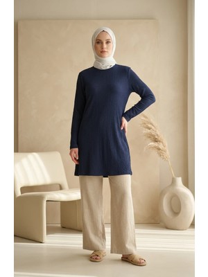 Sefa Merve Bürümcük Kumaş Uzun Tunik 0508-03 Lacivert